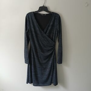 Prana Women's Size Medium Nadia Faux Wrap Dress Heathered Long Sleeve Lined Navy